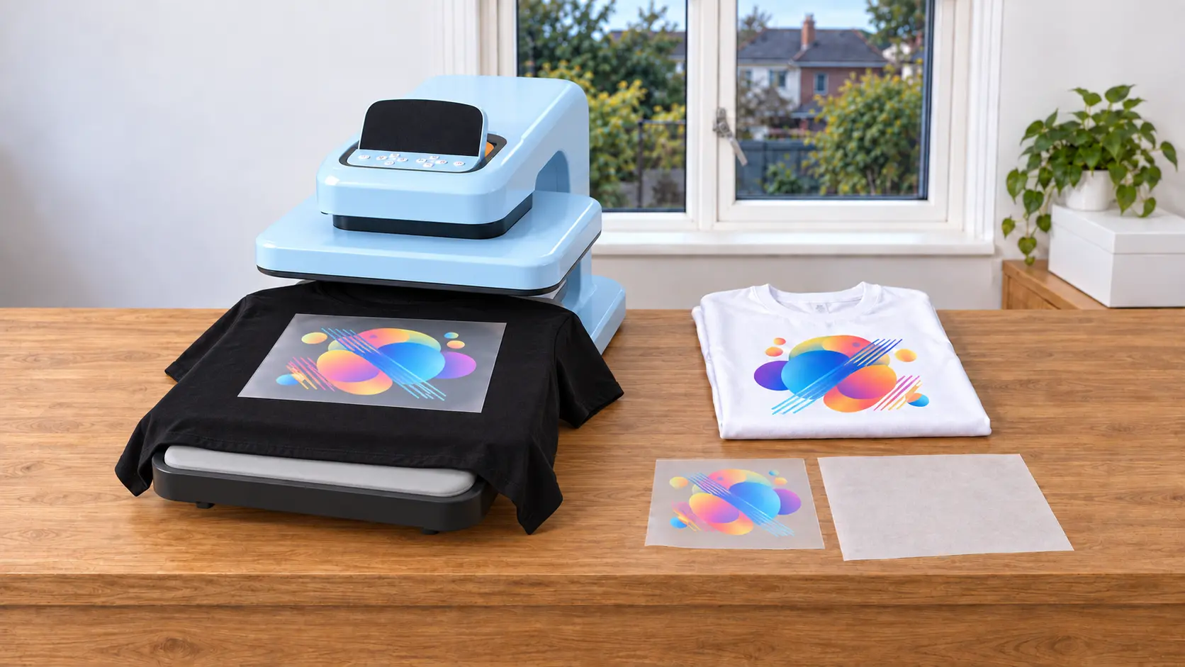 DTF transfer positioned on the pull-out tray of an automatic heat press